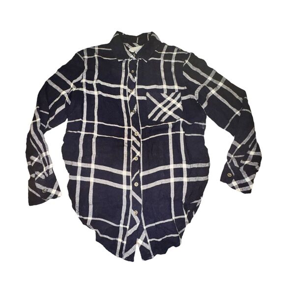 Rails x Free People Button Front Women's Sz S Top Navy Vanilla Plaid Linen Blend - Picture 1 of 6